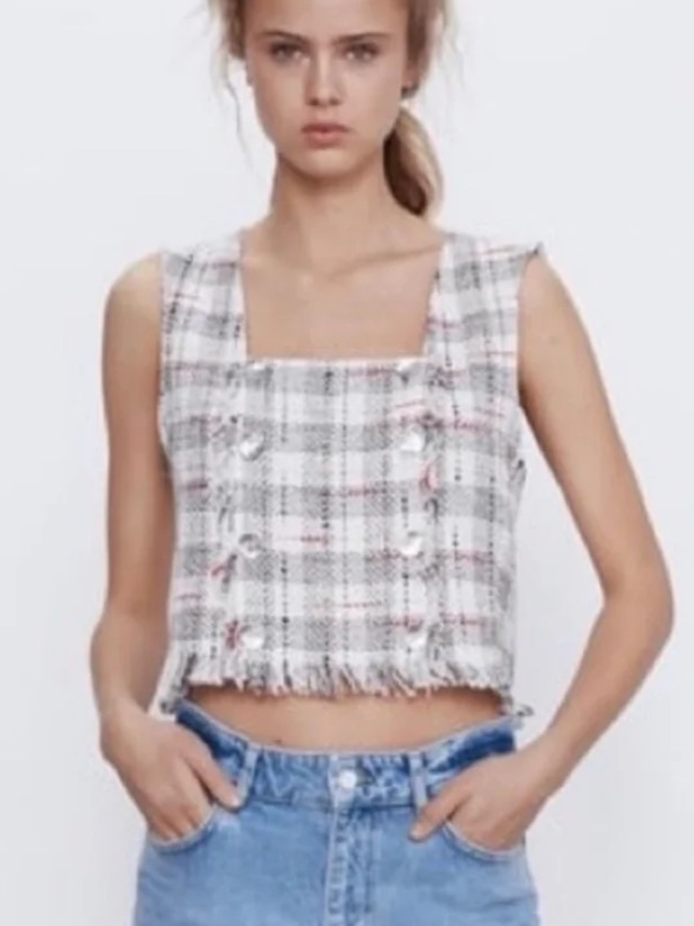 Zara White Plaid Tweed Crop Top with Subtle Pink Accents